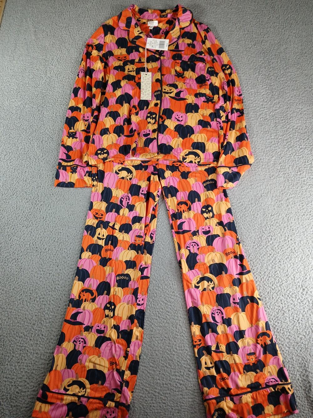 Beauty Sleep Social Pajamas Women XS 2 Piece Halloween Pumpkin Stretch NWT